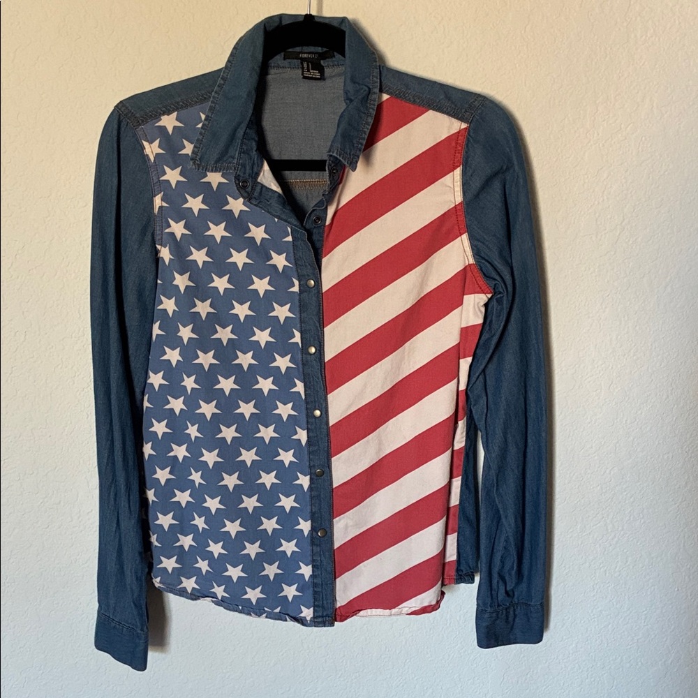 Forever 21 Denim American Flag Shirt